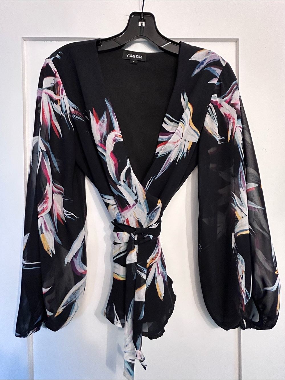 Yumi Kim Black Sheer Floral Brushstroke Wrap Blouse